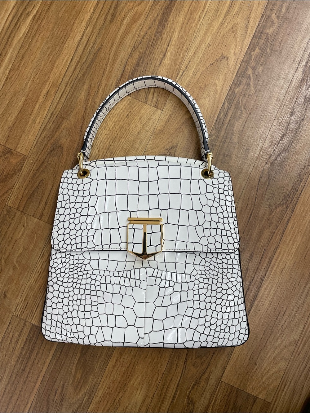 White Croc-Embossed Top-Handle Satchel with Gold Accent